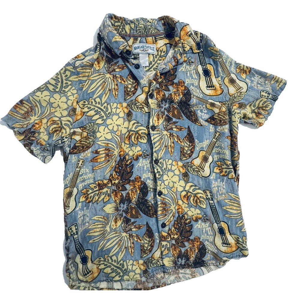 Margaritaville Aloha Shirt Men's S/M Rayon Hawaiian Guitar Print Camp Shirt
